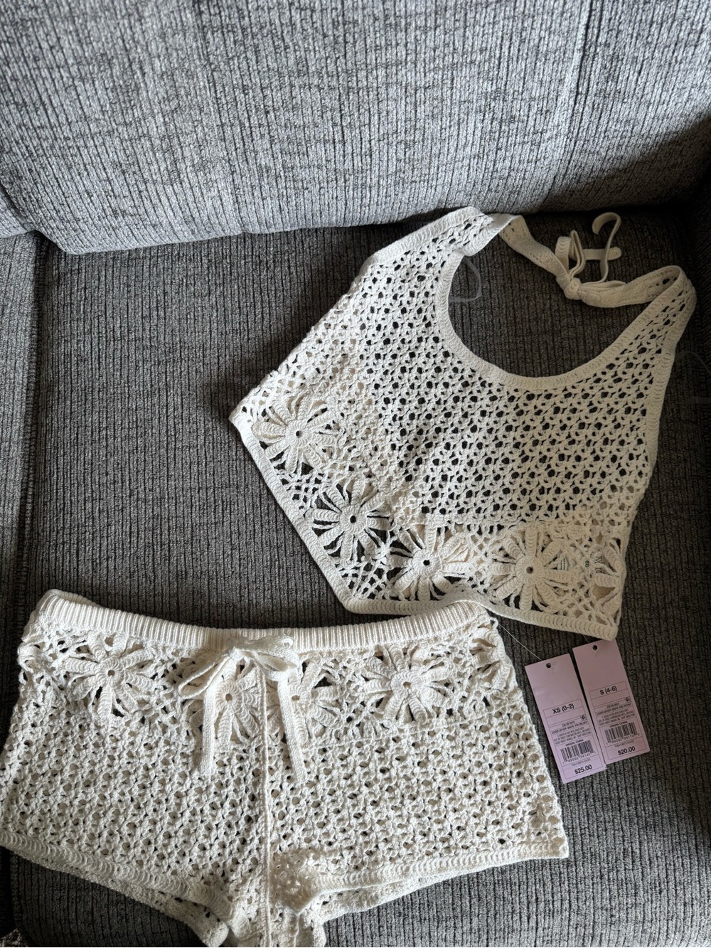 Crochet Floral Tank and Shorts Set - Cream